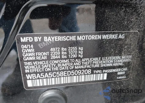 2014 BMW 528I from USA, damaged, VIN WBA5A5C58ED509208